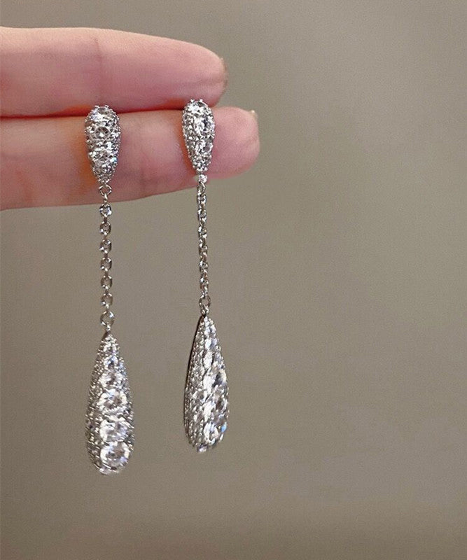 Fashion Silk Sterling Silver Zircon Water Drop Tassel Drop Earrings QQ052