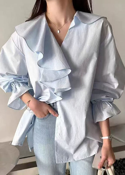 Cotton Ruffles Blue Asymmetrical Sky Fall Fashion Shirt