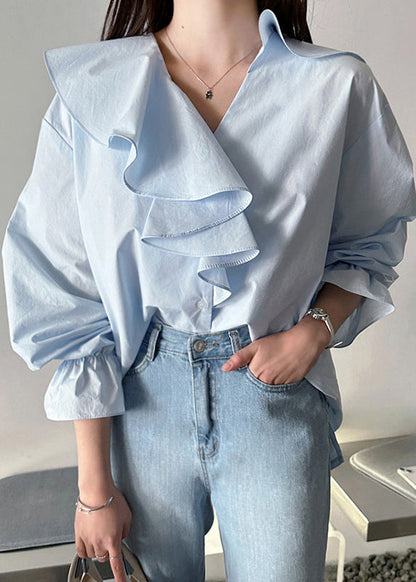 Cotton Ruffles Blue Asymmetrical Sky Fall Fashion Shirt