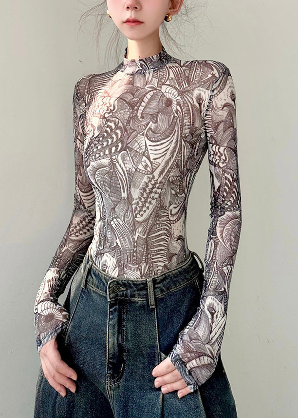 Fashion Slim Fit Print Tulle T Shirt Top Fall AL1061