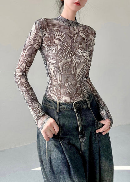 Fashion Slim Fit Print Tulle T Shirt Top Fall AL1061