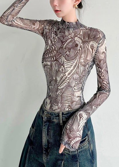 Fashion Slim Fit Print Tulle T Shirt Top Fall AL1061