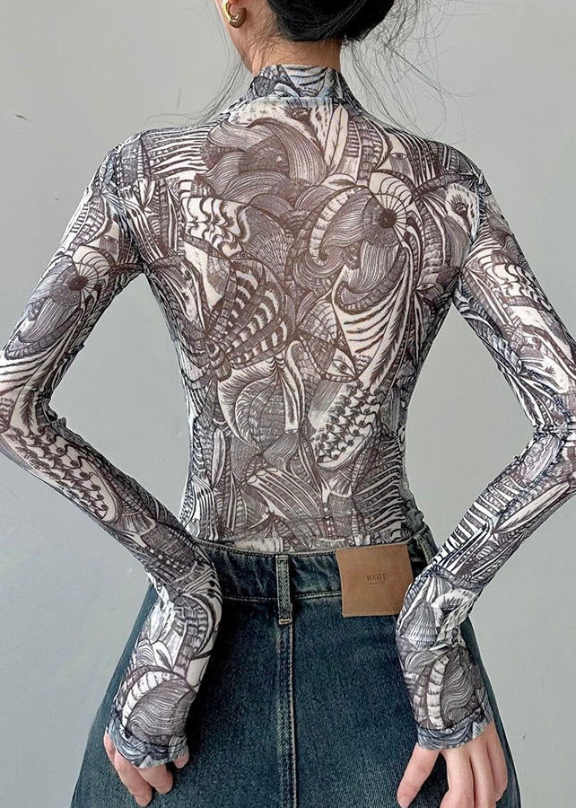 Fashion Slim Fit Print Tulle T Shirt Top Fall AL1061