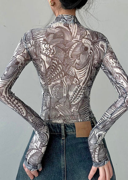 Fashion Slim Fit Print Tulle T Shirt Top Fall AL1061