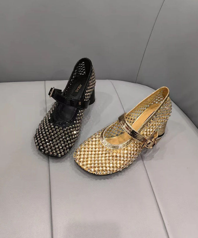 Fashion Black Mesh Zircon Breathable Splicing Chunky Shoes