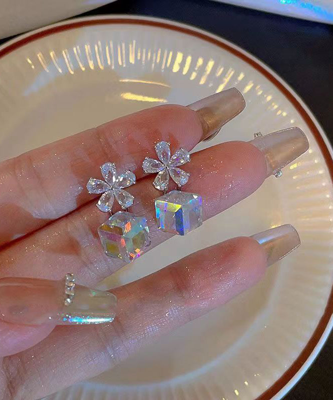 Crystal Sugar Fashion Drop Cube Silver Sterling Earrings