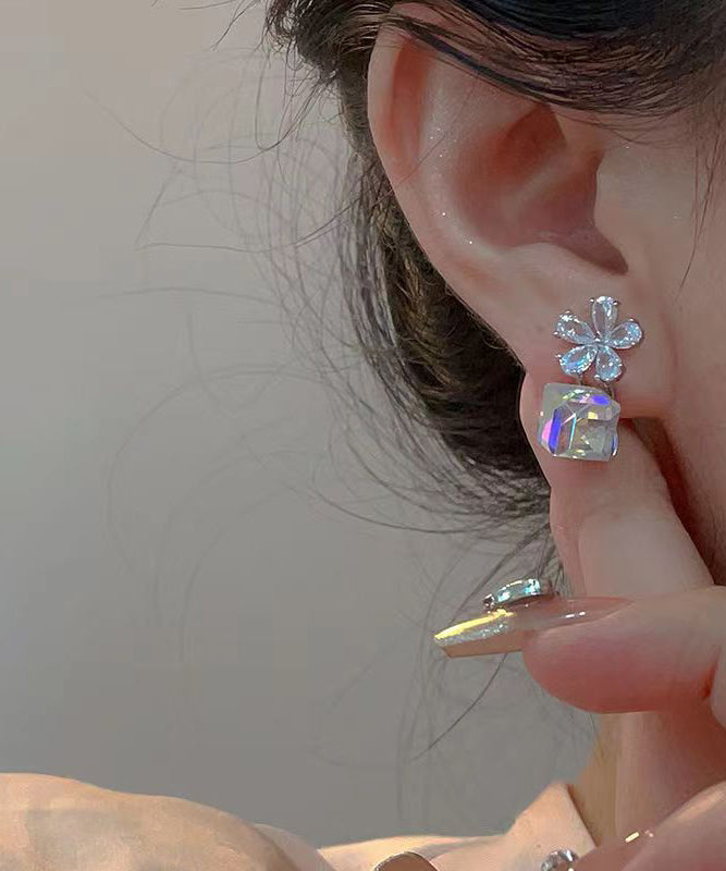 Crystal Sugar Fashion Drop Cube Silver Sterling Earrings