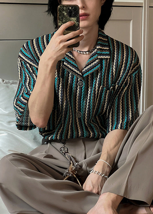 Pockets Summer Mens Shirts Button Striped Cotton Fashion