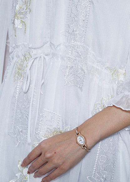 Fashion White Embroidered Silk Cinched Dresses Summer SD1045