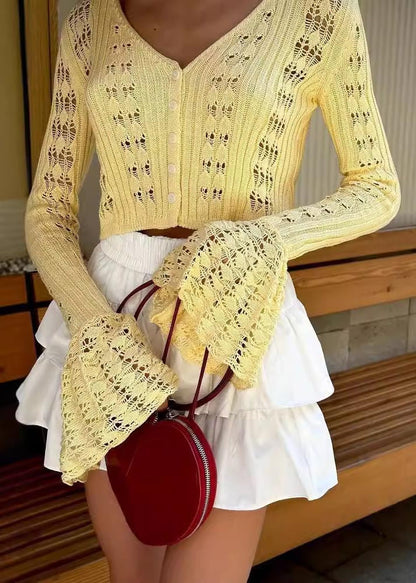 White Hollow Out Knit Sleeve Shirts Fashion Flare