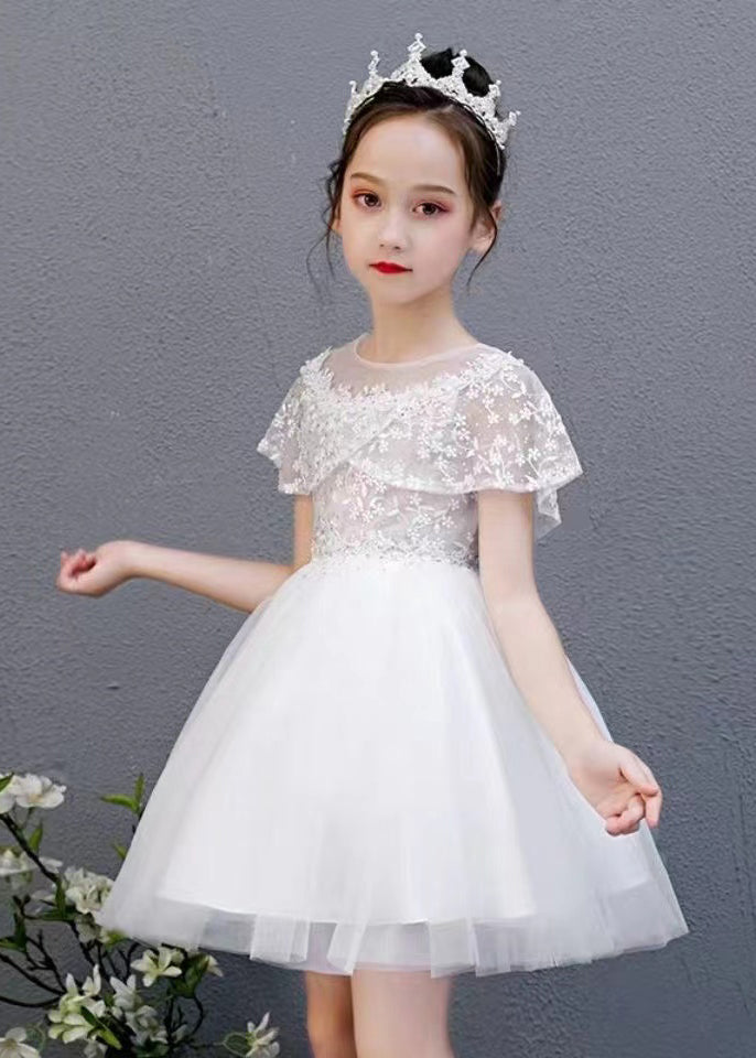 Fashion White O-Neck Embroideried Floral Tulle Kids Mid Dress Summer EW031