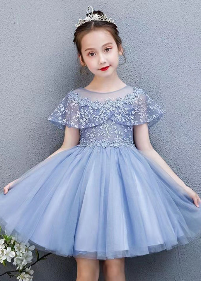 Fashion White O-Neck Embroideried Floral Tulle Kids Mid Dress Summer EW031