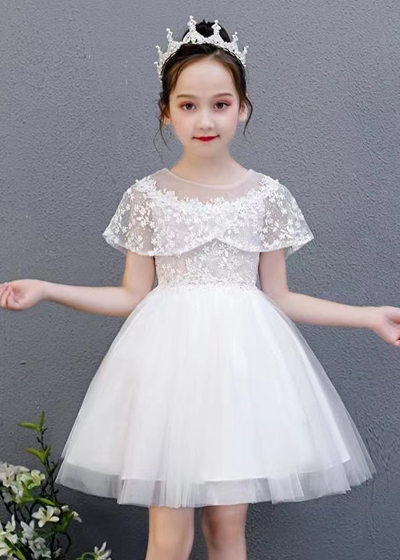 Fashion White O-Neck Embroideried Floral Tulle Kids Mid Dress Summer EW031