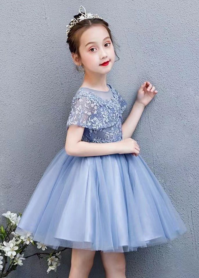 Fashion White O-Neck Embroideried Floral Tulle Kids Mid Dress Summer EW031