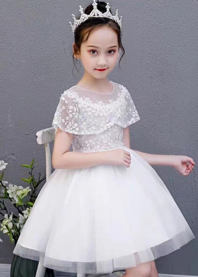 Fashion White O-Neck Embroideried Floral Tulle Kids Mid Dress Summer EW031