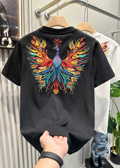 Embroideried Men Summer White Cotton Peacock T Fashion Shirt