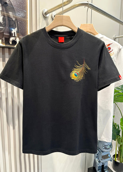 Embroideried Men Summer White Cotton Peacock T Fashion Shirt