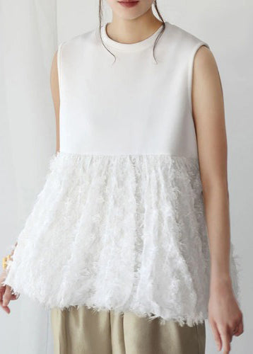 Sleeveless Fashion Cotton Patchwork White Tops Tasseled