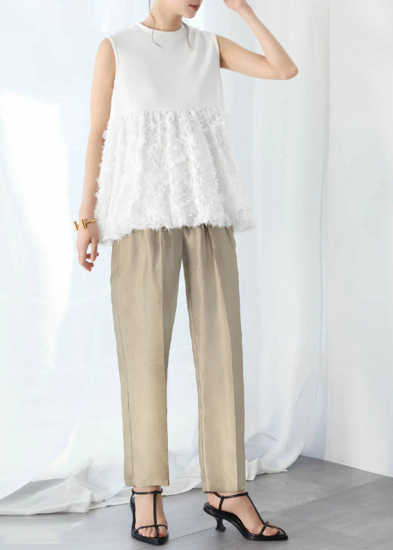 Sleeveless Fashion Cotton Patchwork White Tops Tasseled