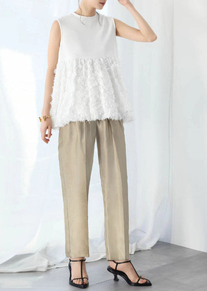 Sleeveless Fashion Cotton Patchwork White Tops Tasseled