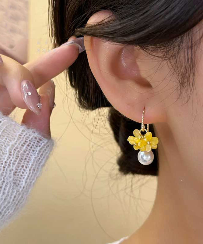 Yellow Hoop Earrings Floral Pearl Fashion Alloy Acrylic