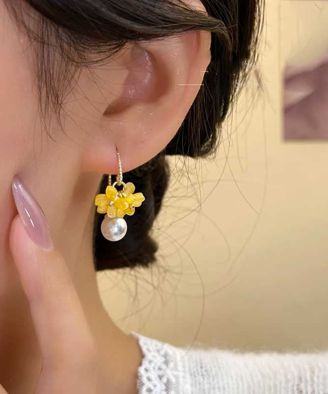 Yellow Hoop Earrings Floral Pearl Fashion Alloy Acrylic