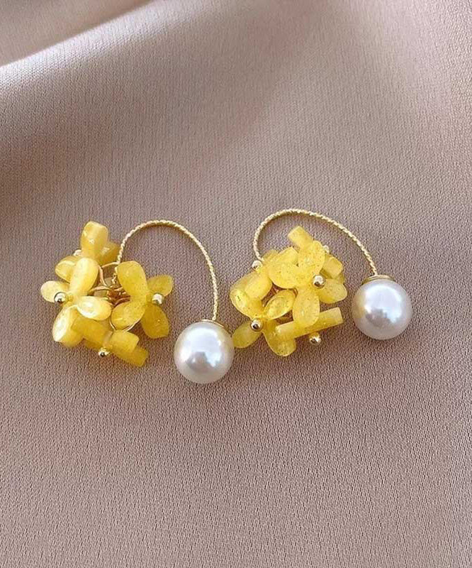 Yellow Hoop Earrings Floral Pearl Fashion Alloy Acrylic