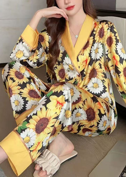 Fashion Yellow Print Shirts And Pants Ice Silk Pajamas Two Piece Set Spring YK007