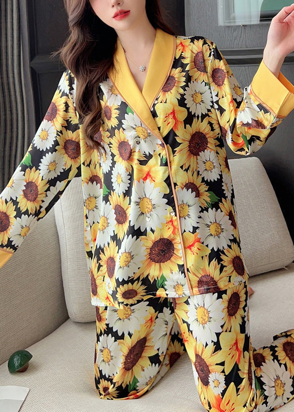 Fashion Yellow Print Shirts And Pants Ice Silk Pajamas Two Piece Set Spring YK007