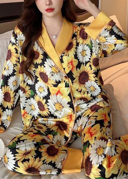 Fashion Yellow Print Shirts And Pants Ice Silk Pajamas Two Piece Set Spring YK007