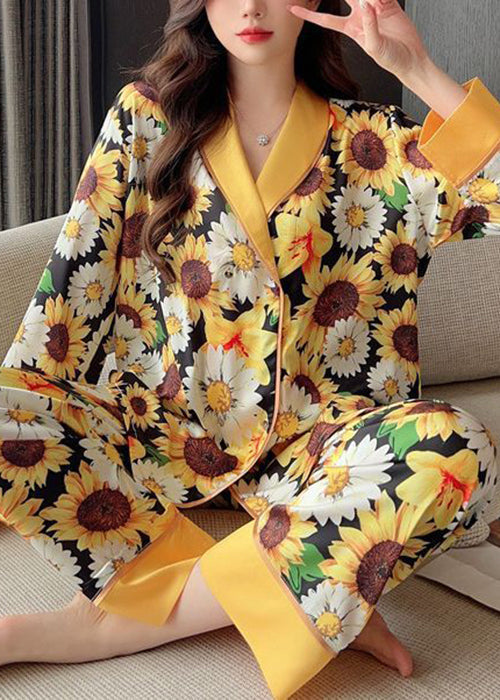 Fashion Yellow Print Shirts And Pants Ice Silk Pajamas Two Piece Set Spring YK007
