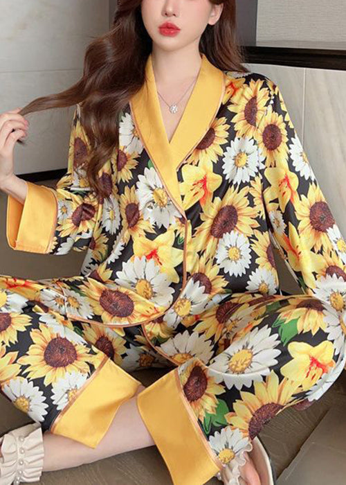 Fashion Yellow Print Shirts And Pants Ice Silk Pajamas Two Piece Set Spring YK007