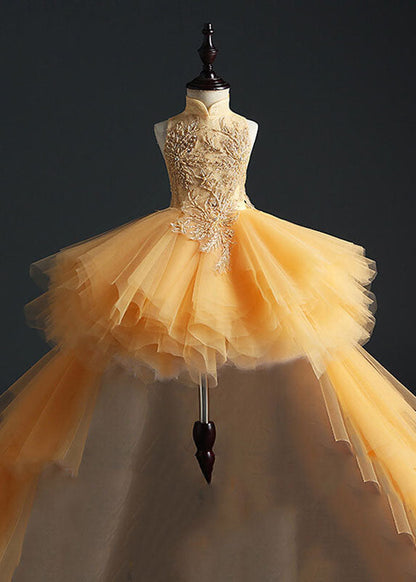 Fashion Yellow Stand Collar Embroideried Tulle Kids Long Dresses Sleeveless YS007