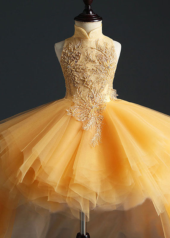 Fashion Yellow Stand Collar Embroideried Tulle Kids Long Dresses Sleeveless YS007