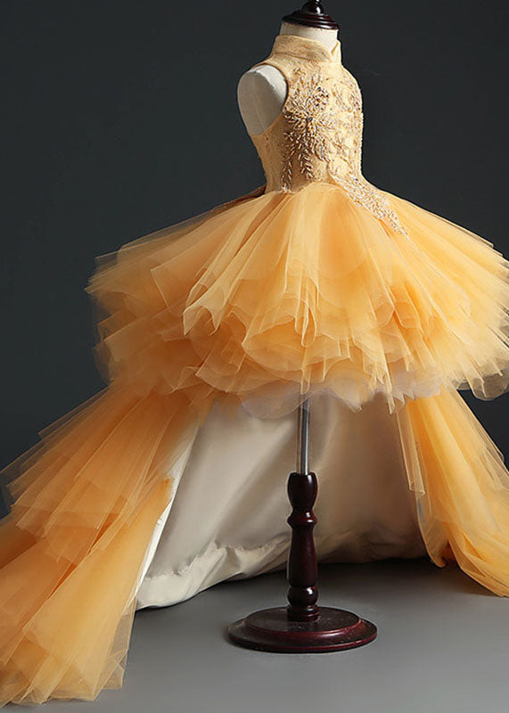 Fashion Yellow Stand Collar Embroideried Tulle Kids Long Dresses Sleeveless YS007