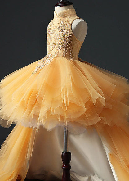 Fashion Yellow Stand Collar Embroideried Tulle Kids Long Dresses Sleeveless YS007