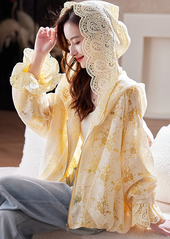 Yellow Sleeve Fashion Lace Hoodie Batwing Up Coat Zip
