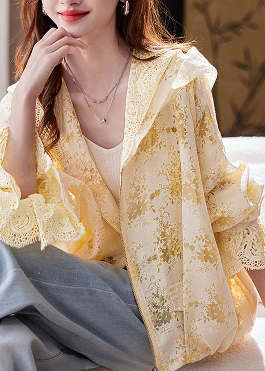 Yellow Sleeve Fashion Lace Hoodie Batwing Up Coat Zip