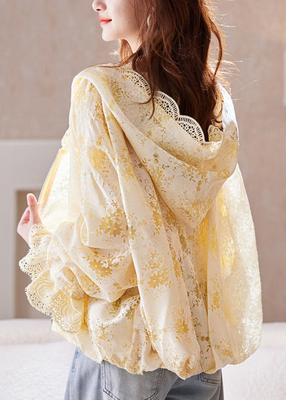 Yellow Sleeve Fashion Lace Hoodie Batwing Up Coat Zip