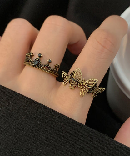 Out Ancient Rings Butterfly Hollow Gold Two Crown Metal Fine