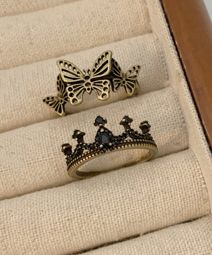 Out Ancient Rings Butterfly Hollow Gold Two Crown Metal Fine