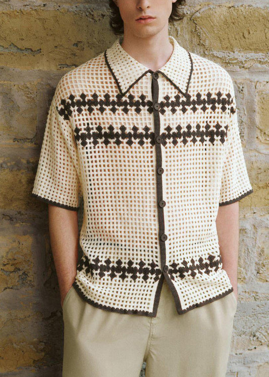 Men Apricot Shirt Knit Out Hollow Polo Fine Summer