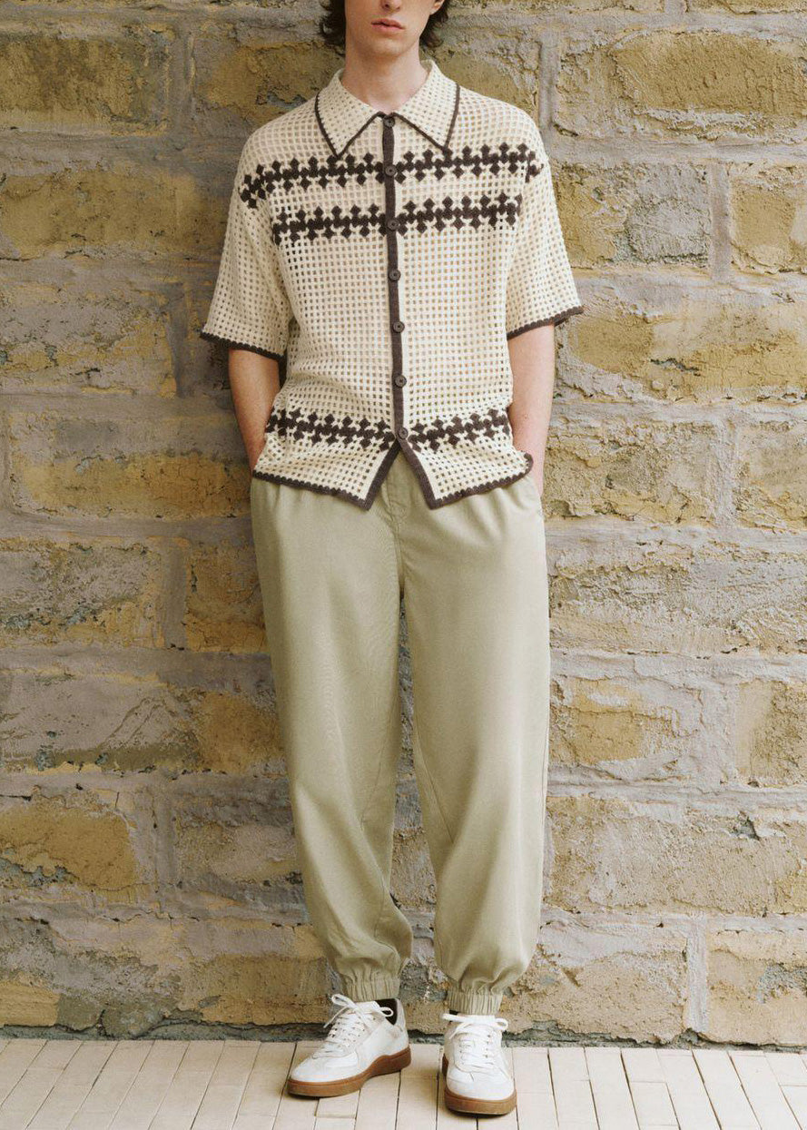 Men Apricot Shirt Knit Out Hollow Polo Fine Summer