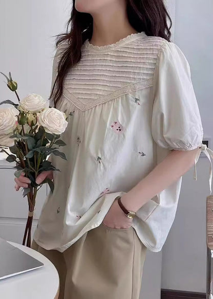 Beige Wrinkled Fine Shirt Summer Embroidered Cotton