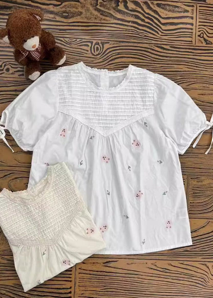 Beige Wrinkled Fine Shirt Summer Embroidered Cotton