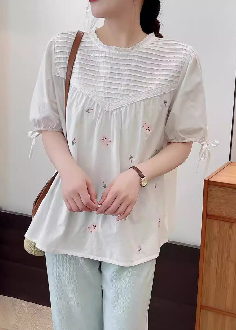 Beige Wrinkled Fine Shirt Summer Embroidered Cotton