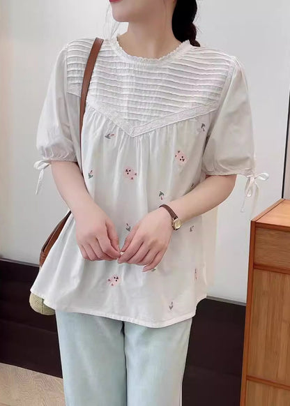 Beige Wrinkled Fine Shirt Summer Embroidered Cotton