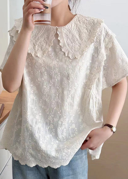 Top Summer Peter Collar Embroidered Cotton Beige Pan Fine