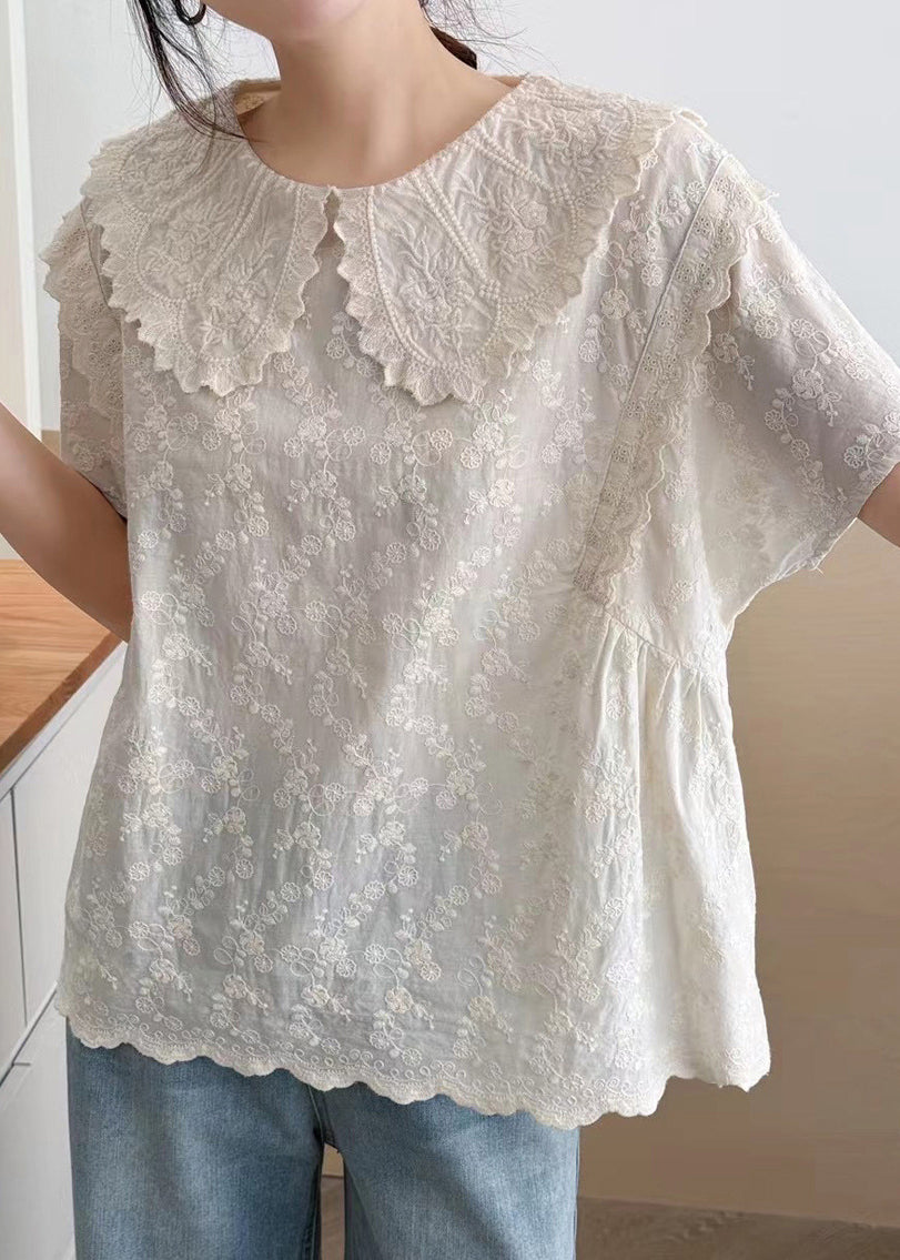 Top Summer Peter Collar Embroidered Cotton Beige Pan Fine