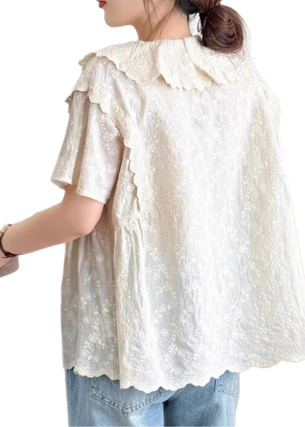 Top Summer Peter Collar Embroidered Cotton Beige Pan Fine